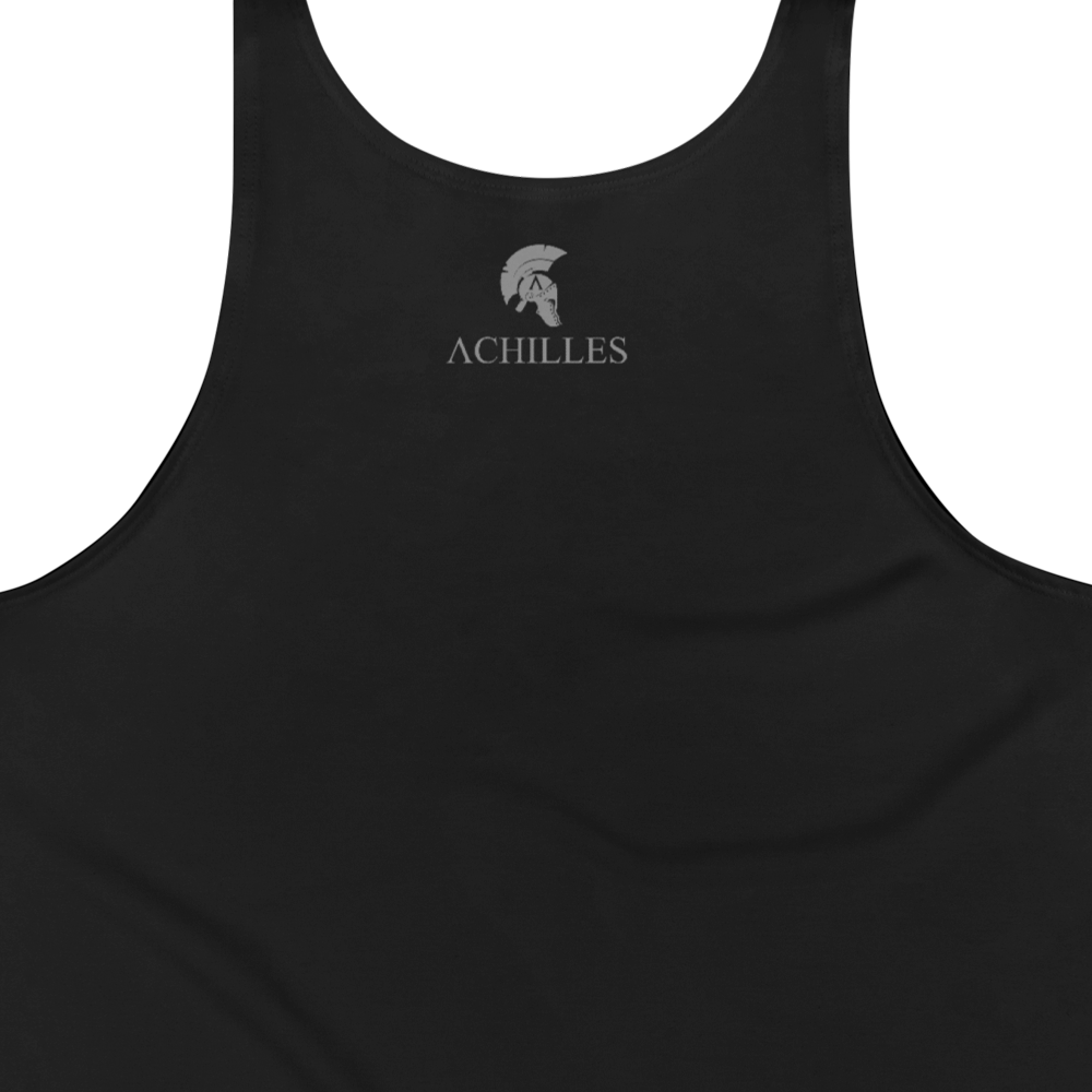 Close up of Back view of Black sleeveless Tank top by Achilles Tactical Clothing Brand printed with grey Heavy Duty design