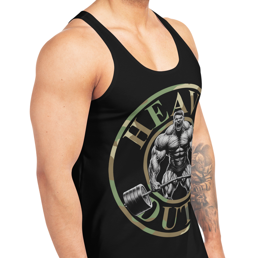 Front right view of man wearing Black sleeveless Tank top by Achilles Tactical Clothing Brand printed with grey Heavy Duty design