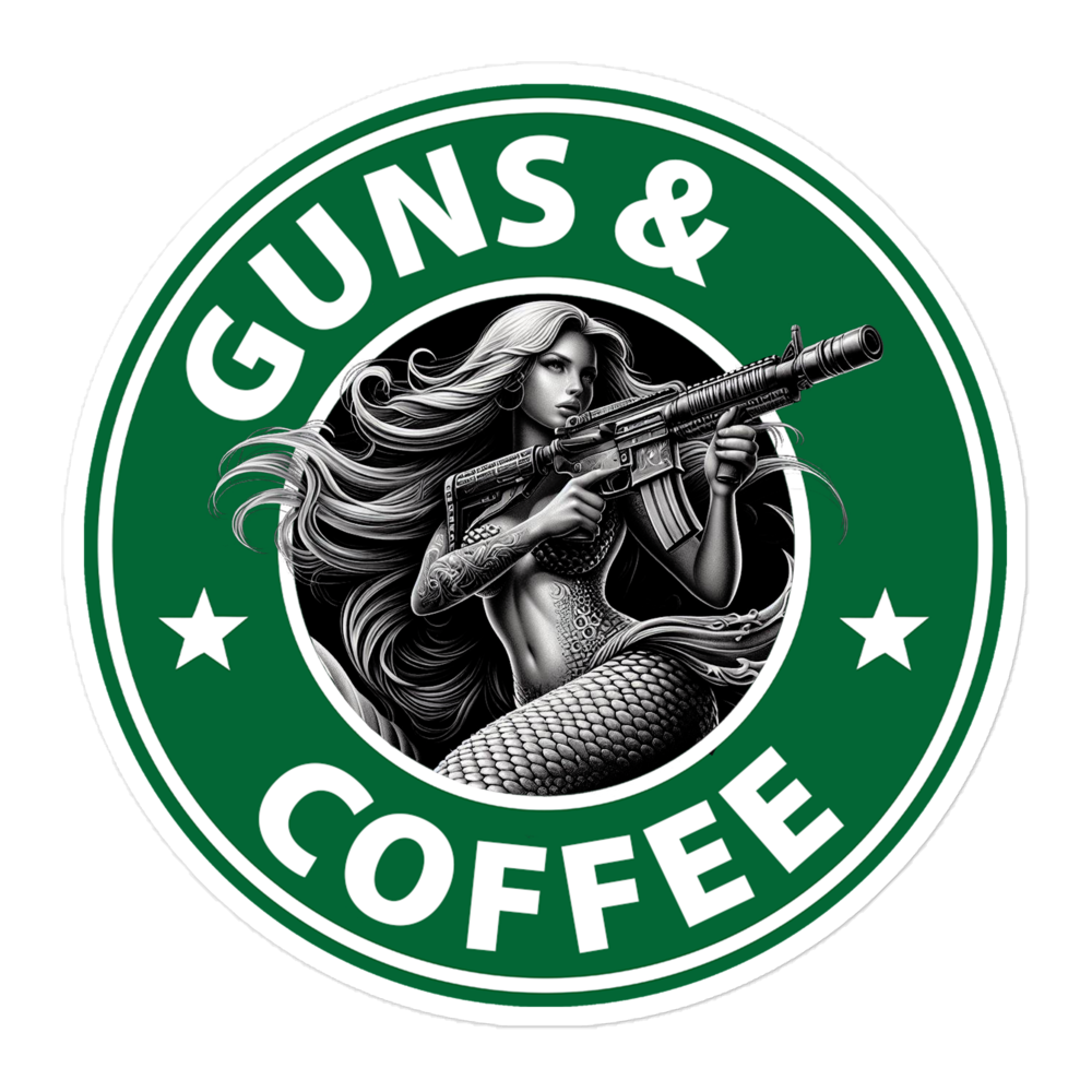 Large KISS Cut High Density Vinyl Sticker with Guns & Coffee design