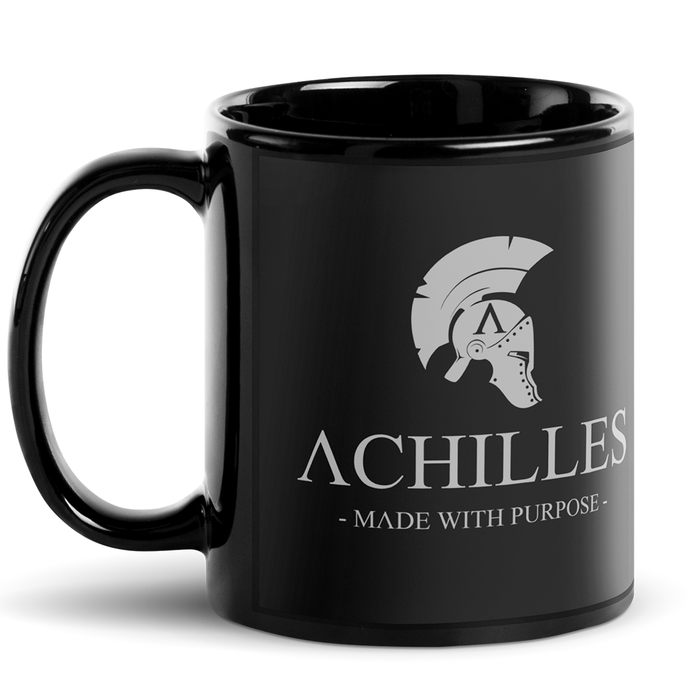 Left of 11oz black glossy ceramic mug with wolf grey signature logo