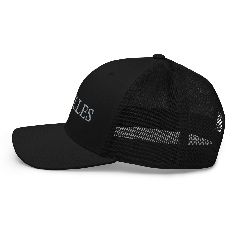 Left view of Achilles mesh snap back embroidered achilles black cap