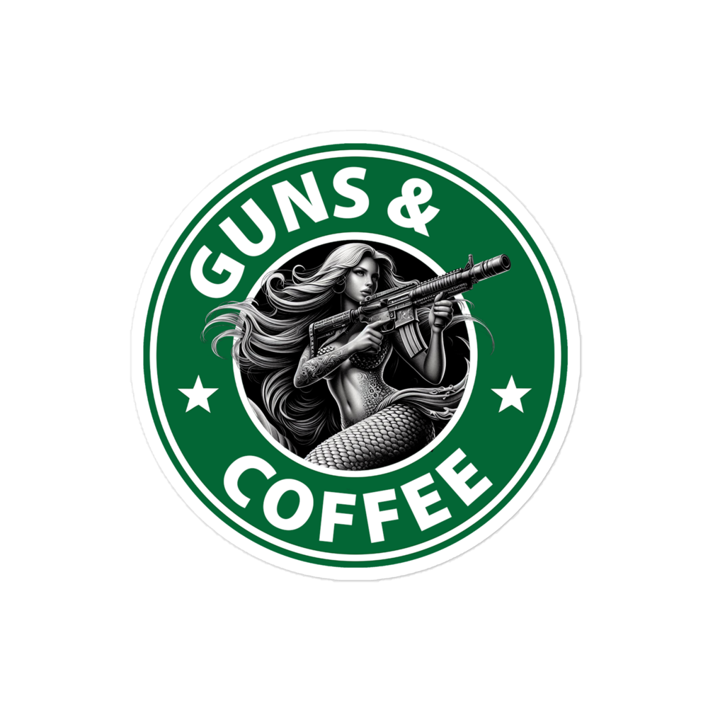 Medium KISS Cut High Density Vinyl Sticker with Guns & Coffee design