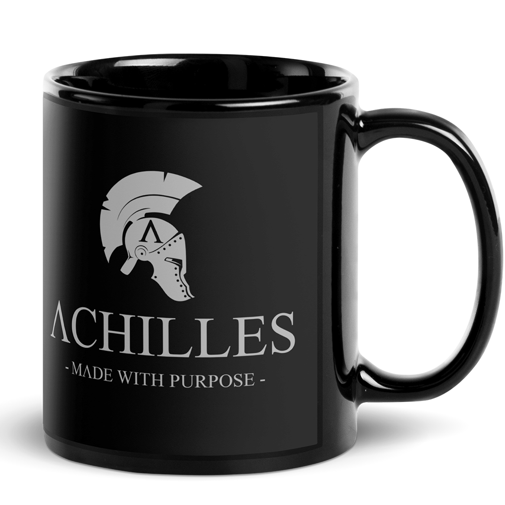 Right of 11oz black glossy ceramic mug with wolf grey signature logo