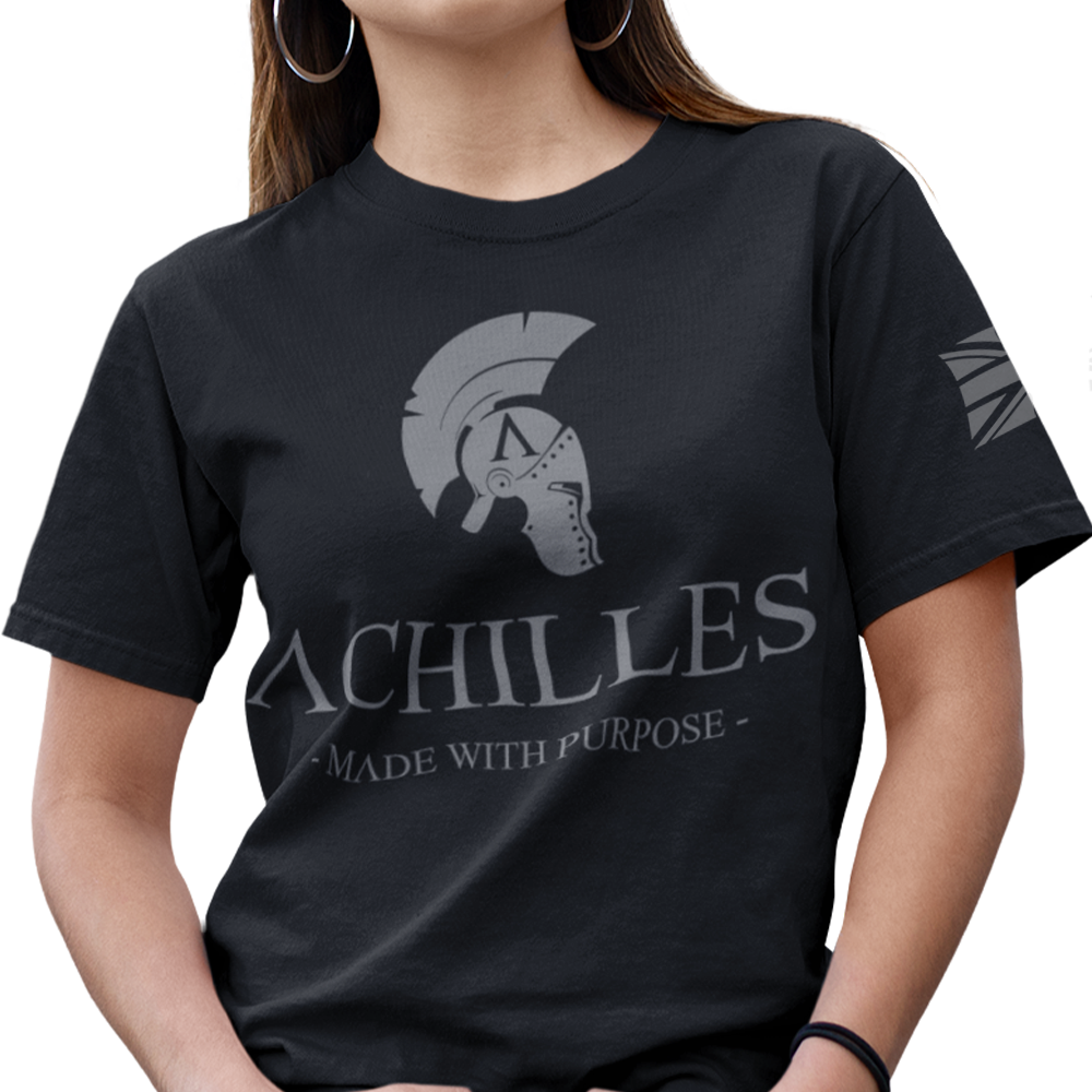 Front view of woman wearing Black short sleeve classic cotton unisex fit T-Shirt by Achilles Tactical Clothing Brand with screen printed Signature design