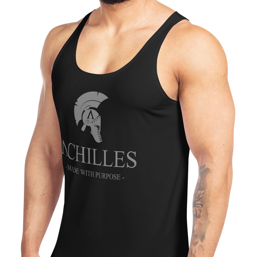 Front left view of man wearing Black sleeveless Tank top by Achilles Tactical Clothing Brand printed with grey signature design