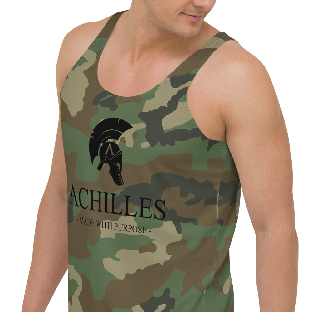 Front left view of man wearing Green DPM CAM sleeveless Tank top by Achilles Tactical Clothing Brand printed with Black signature design