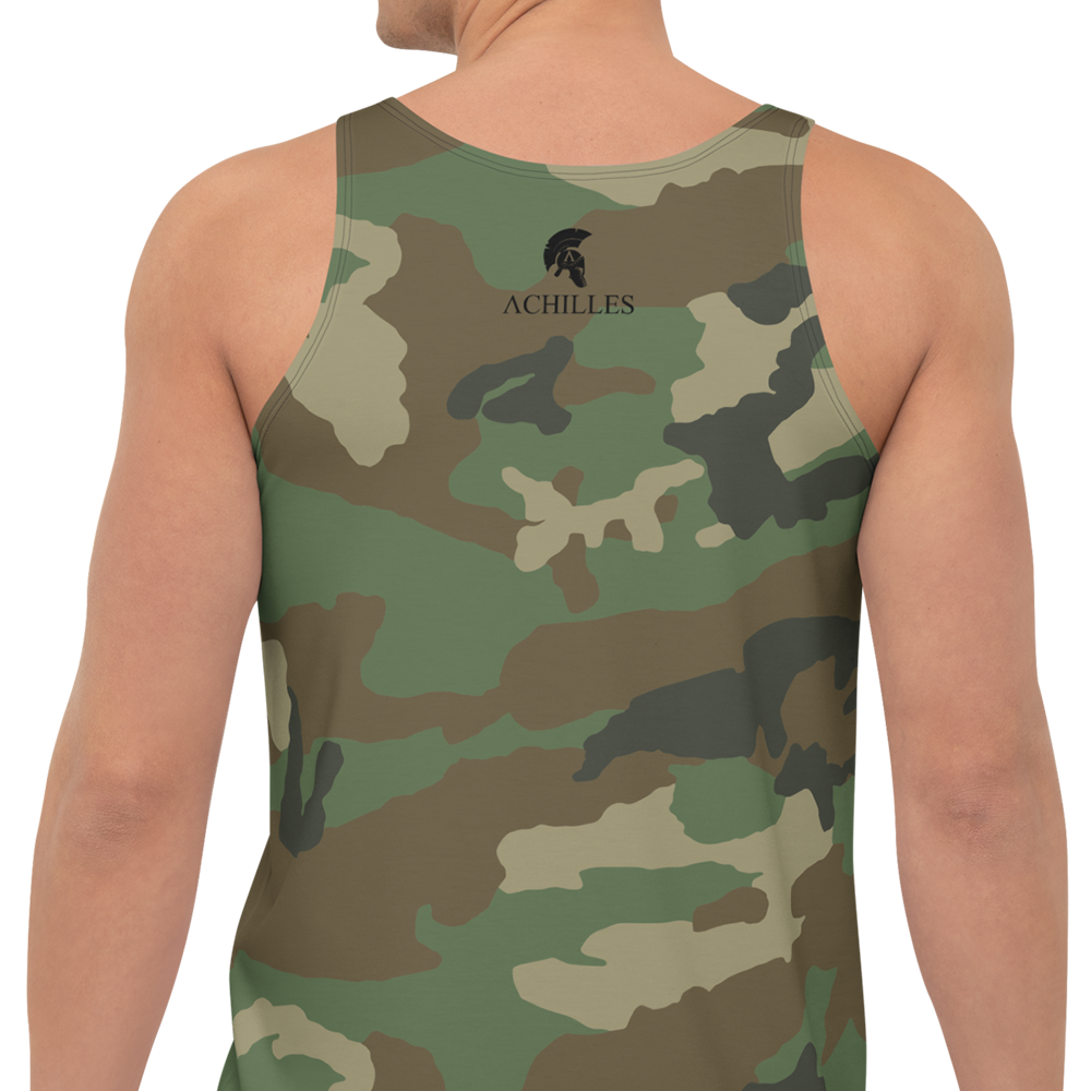 Back view of man wearing Green DPM CAM sleeveless Tank top by Achilles Tactical Clothing Brand printed with Black signature design