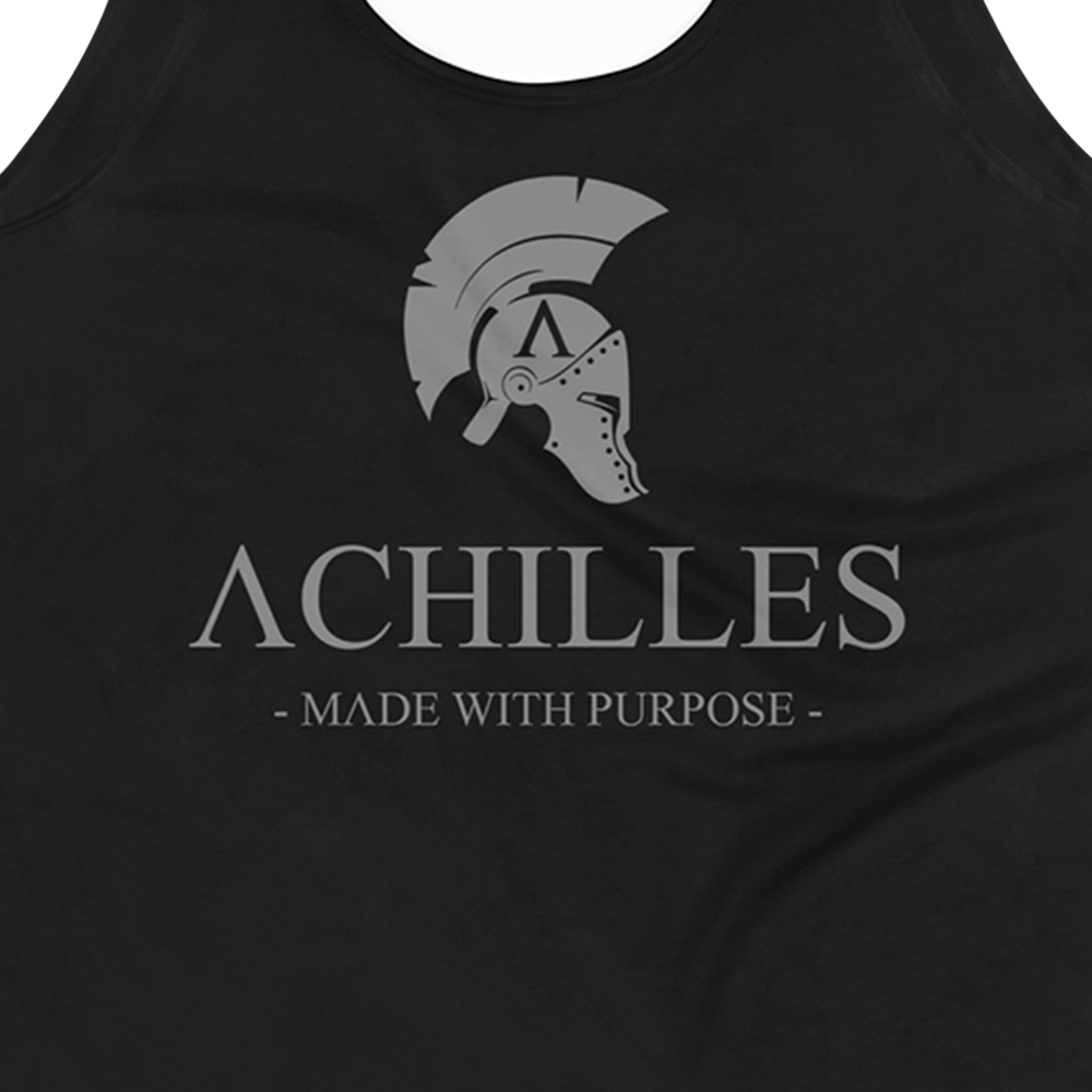 Close up of front view of Black sleeveless Tank top by Achilles Tactical Clothing Brand printed with grey signature design