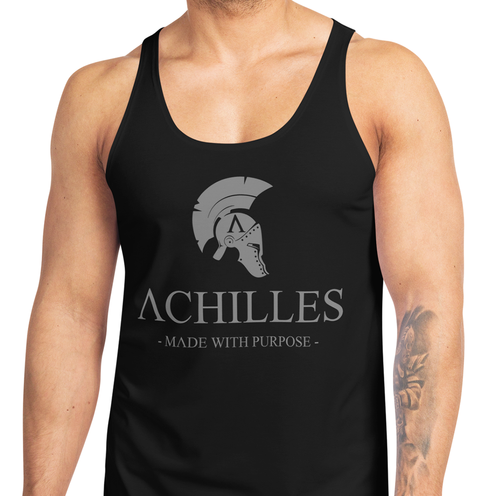 Front view of man wearing Black sleeveless Tank top by Achilles Tactical Clothing Brand printed with grey signature design