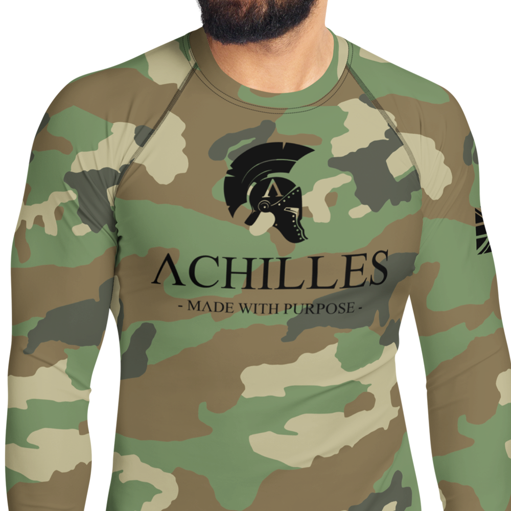 Front view of man in DPM Cam long sleeve unisex fit Rash Guard by Achilles Tactical Clothing Brand with Signature design in black