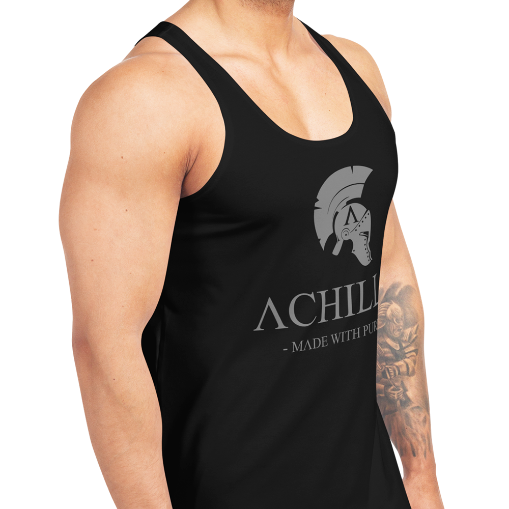 Front right view of man wearing Black sleeveless Tank top by Achilles Tactical Clothing Brand printed with grey signature design