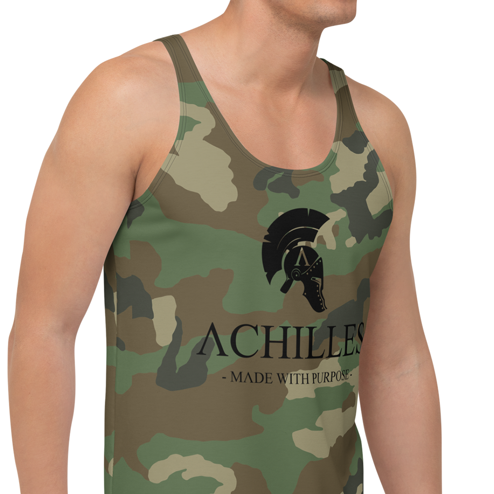 Front right view of man wearing Green DPM CAM sleeveless Tank top by Achilles Tactical Clothing Brand printed with Black signature design