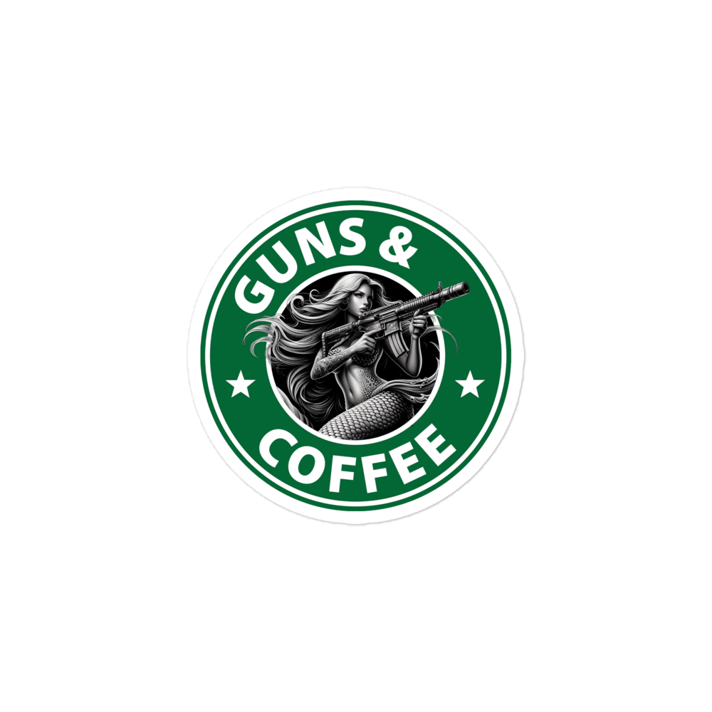 Small KISS Cut High Density Vinyl Sticker with Guns & Coffee design