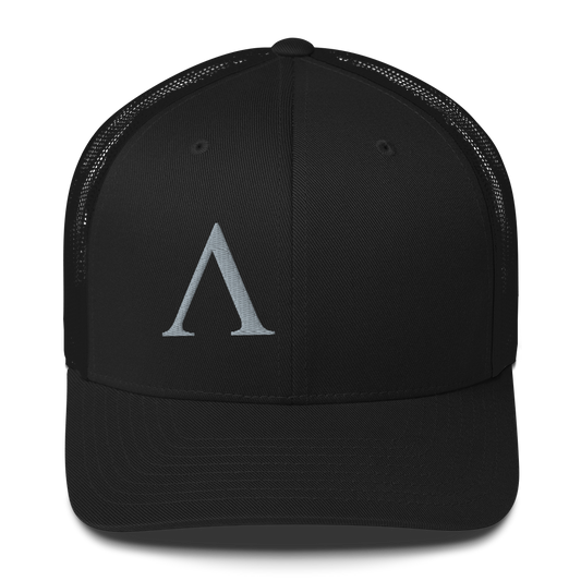 Top Front view of Alpha mesh snap back embroidered achilles black cap