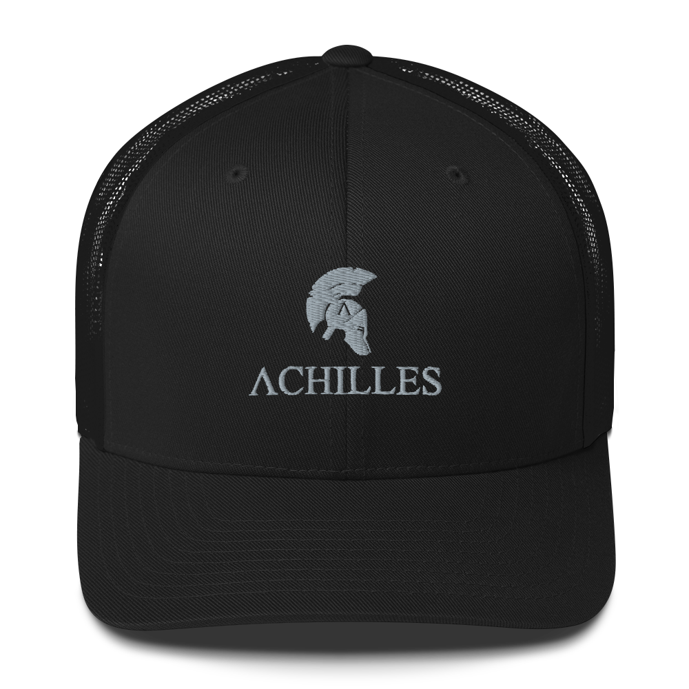 Top Front view of Signature mesh snap back embroidered achilles black cap