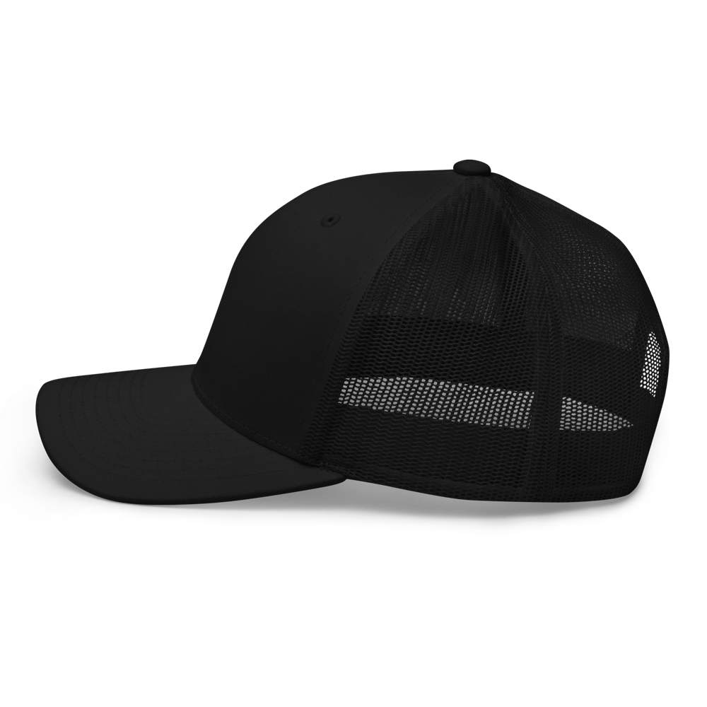 Left view mesh snap back embroidered achilles black cap