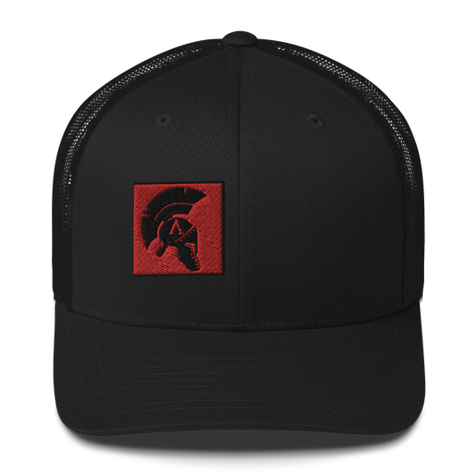 Top Front view mesh snap back embroidered achilles black cap